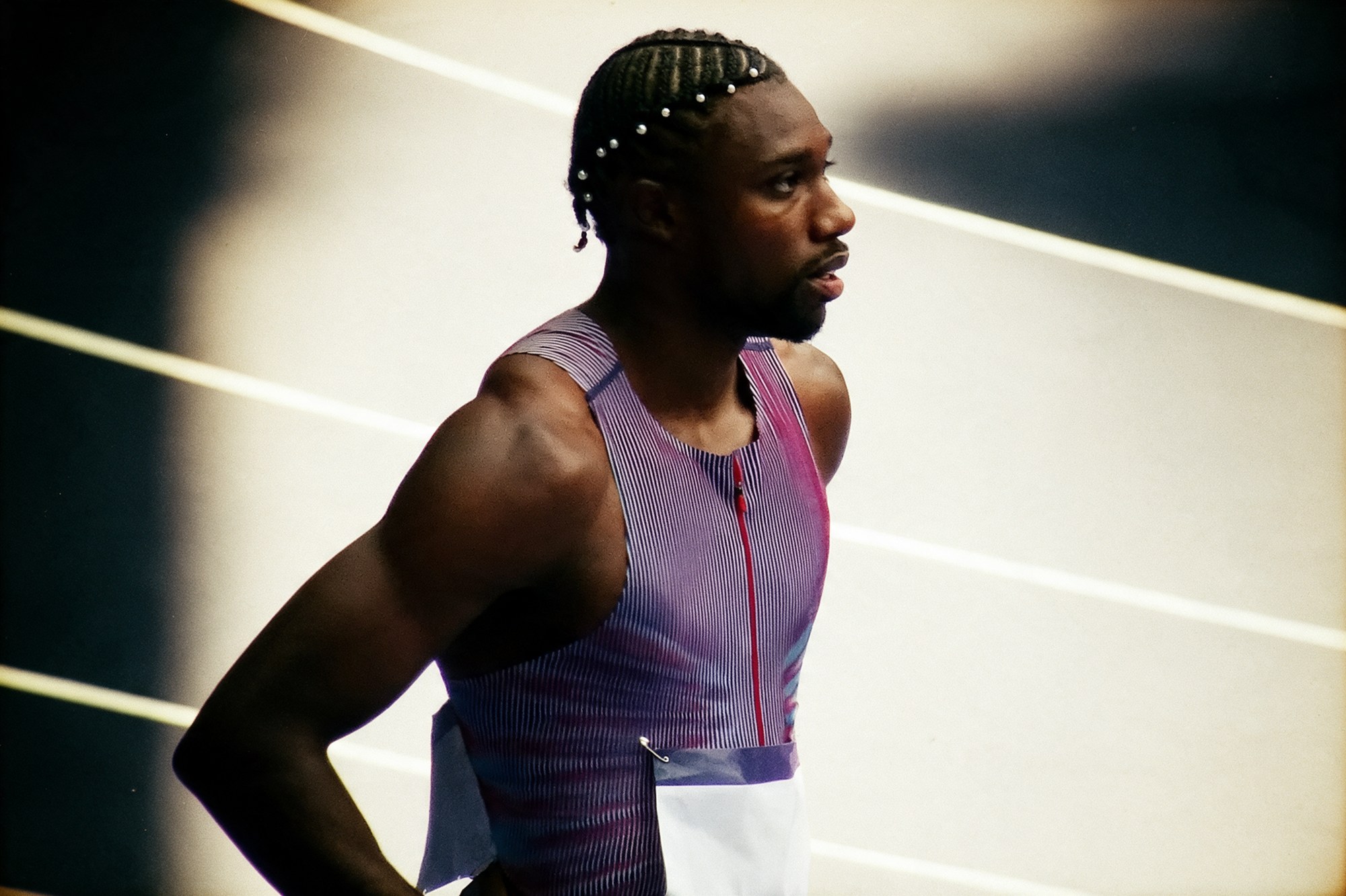 Noah Lyles at the Paris Olympics, 2024. In July he ran 9.79 in New York, the fastest time in the world this year. Photo: Aeltegop, CC BY 4.0, via Wikimedia Commons. Edited by Culture.